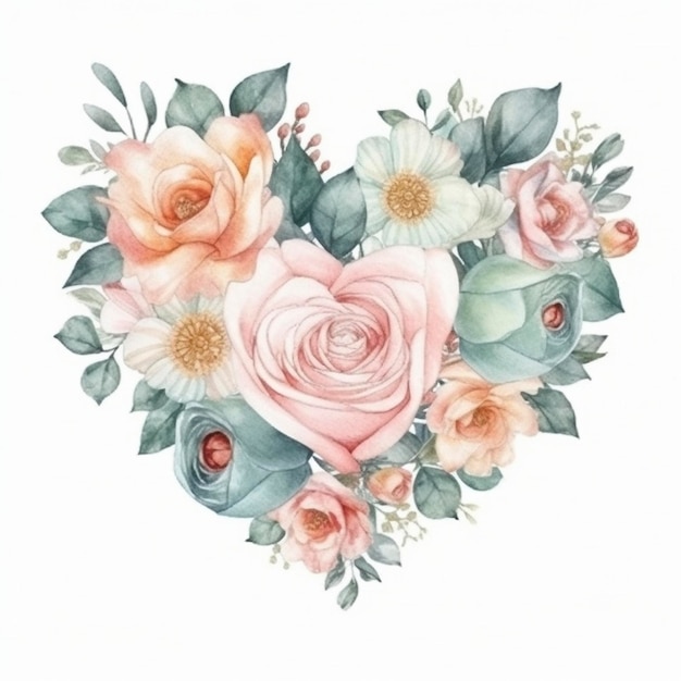 Rose dipinte in acquerello a forma di cuore su sfondo bianco create con IA generativa