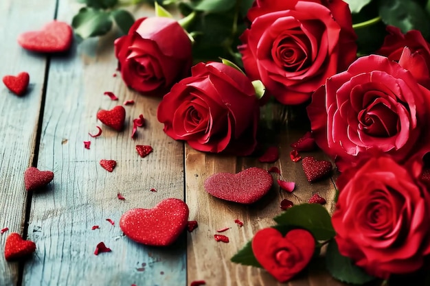Rose e cuori su tavola di legno St. Valentino sfondo giorno di nozze generativo ai