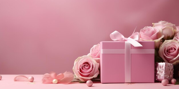 Rose e scatola regalo con nastro satinato su sfondo rosa San Valentino compleanno celebrazione del giorno delle madri.