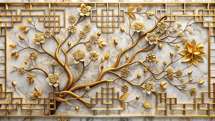 Rose flower 3D wallpaper mural design with floral geometric golden branch Chinese marble wallpaper