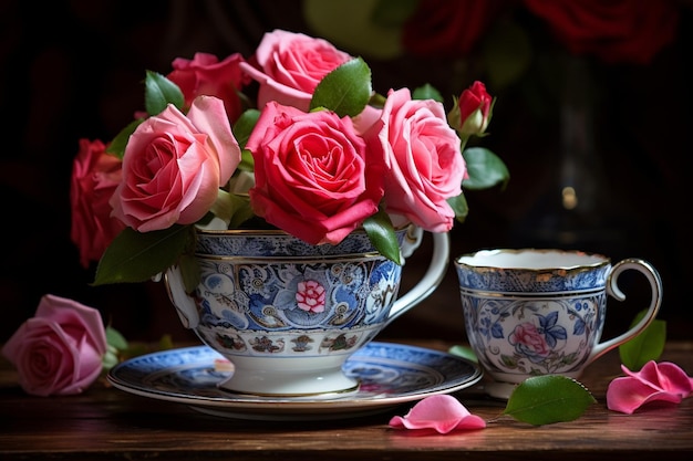 Rose in una tazza da tè d'epoca