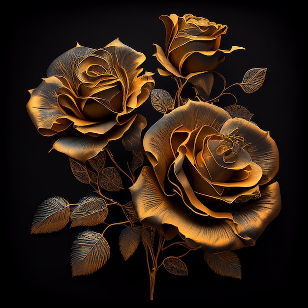 Rose metalliche dorate, bouquet di rose ricoperte d'oro da vicino su sfondo nero per la stampa