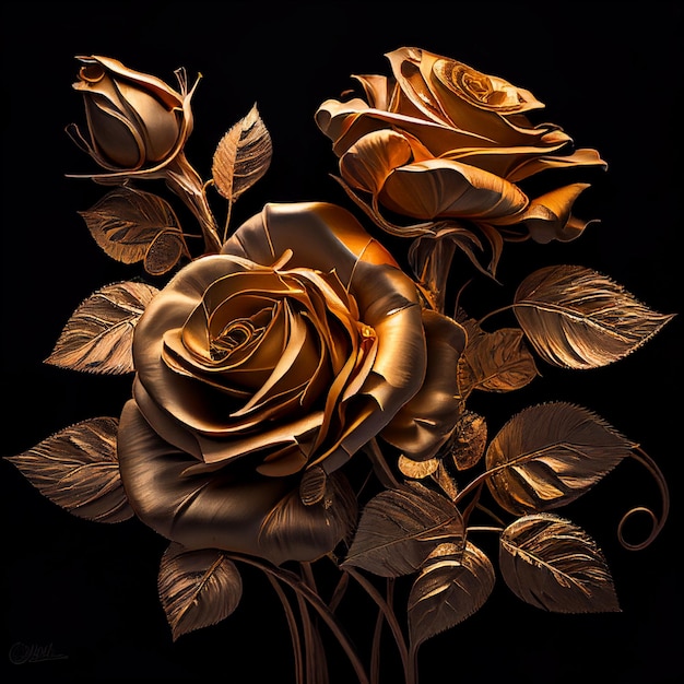 Rose metalliche dorate, un bouquet di rose ricoperte d'oro da vicino su uno sfondo nero,