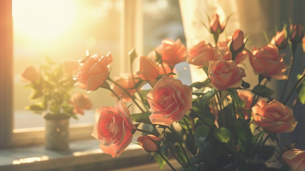 Rose rosa alla luce del sole elegante e romantica arrangiamento floreale