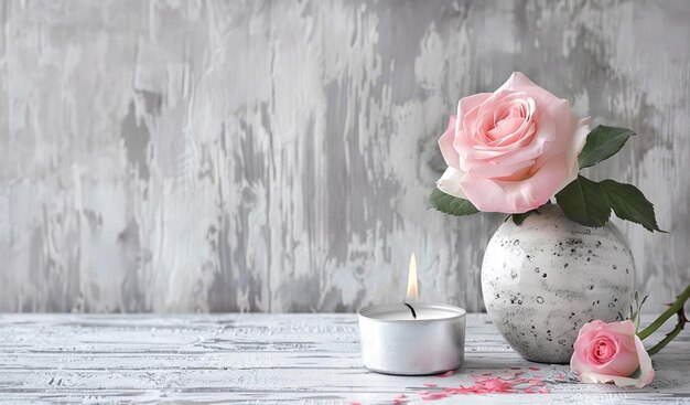 Rose rosa con candela accesa e ciottoli su un tavolo di legno bianco in stile scandinavo