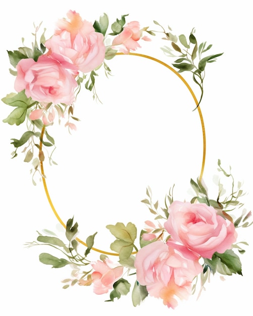 Rose rosa con cornice floreale a bordo dorato