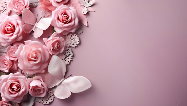 Rose rosa e farfalle su uno sfondo rosa