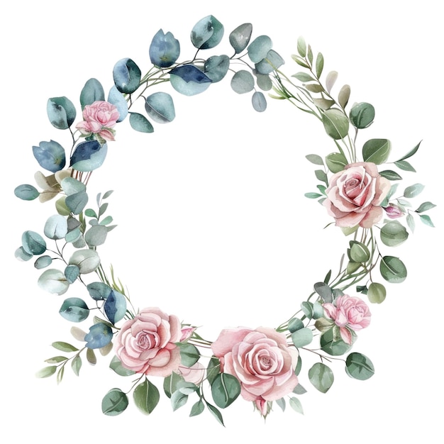 Rose rosa e ghirlande di foglie di eucalipto isolate su sfondo bianco AIG56