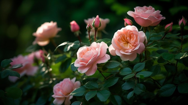 Rose rosa in piena fioritura su un arbusto da giardino un bocciolo di rosa su un bastone e rose rosa in un giardino con fogliame verde IA generativa