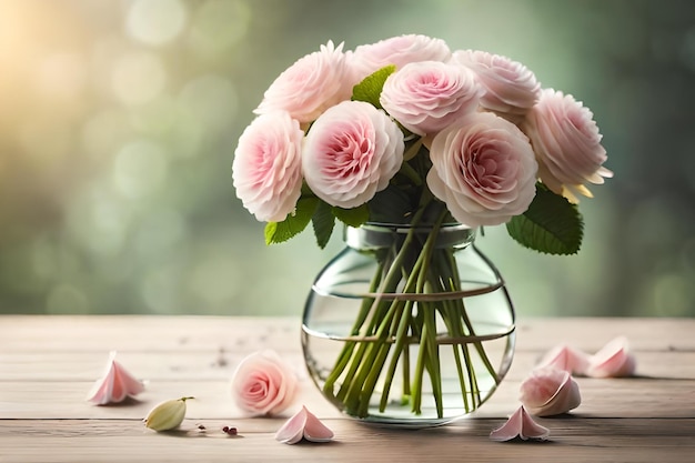 Rose rosa in un vaso su un tavolo con uno sfondo sfocato.