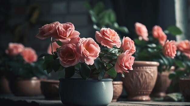 Rose rosa in un vaso sul davanzale generativo ai