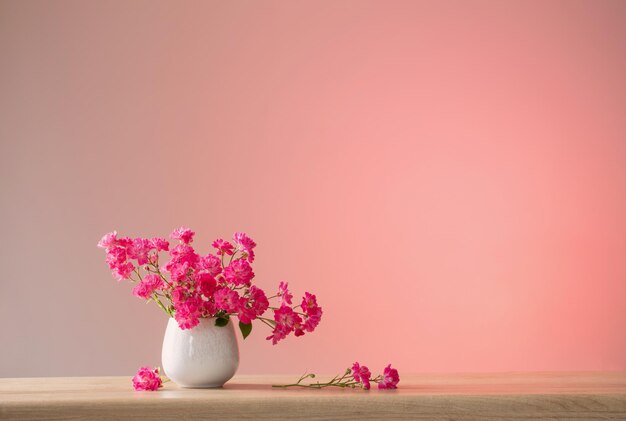Rose rosa in vaso di ceramica su sfondo rosso chiaro