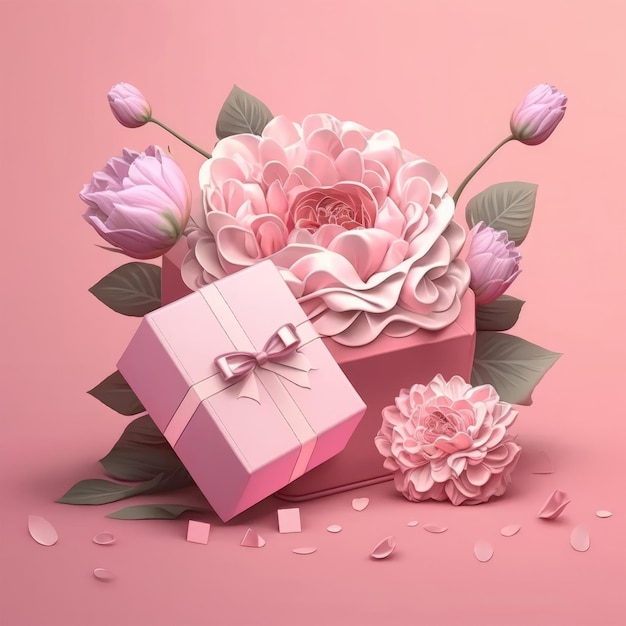 Rose rosa pioni fiori e confezione regalo su sfondo rosa Festa della donna Festa della mamma Festa di compleanno