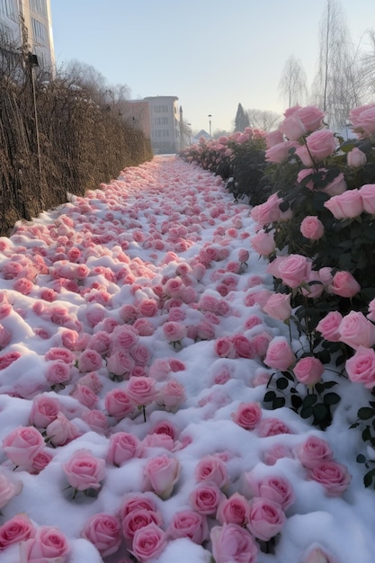 Rose rosa sono coperte di neve su un marciapiede in una città generativa ai