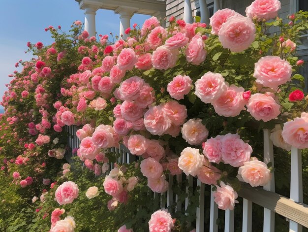 Rose rosa su un recinto con una staccionata bianca.