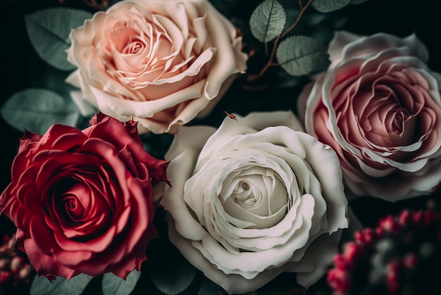 rose rosse bianche e rosa su sfondo di legno, ai generativa