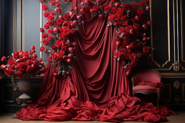 Rose rosse che danzano graziosamente in una sala da ballo, appuntamenti di San Valentino e proposte d'amore.