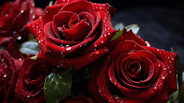 Rose rosse con gocce d'acqua