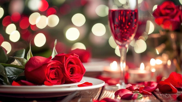 Rose rosse di San Valentino sul tavolo con champagne in stile bokeh