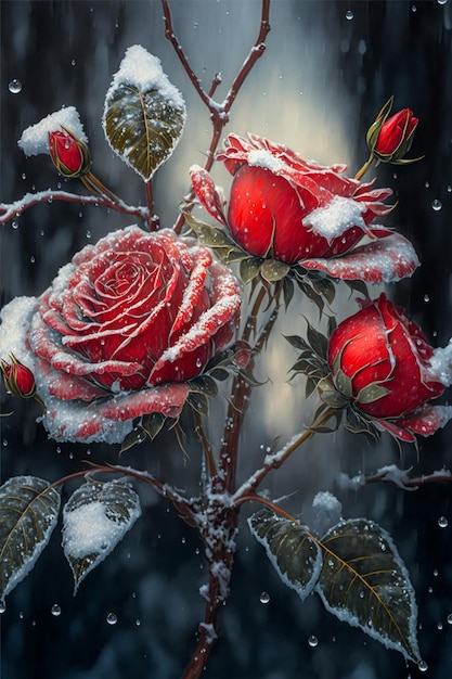 Rose rosse drappeggiate con gelo e neve Sfondo di San Valentino Creato con la tecnologia generativa AI