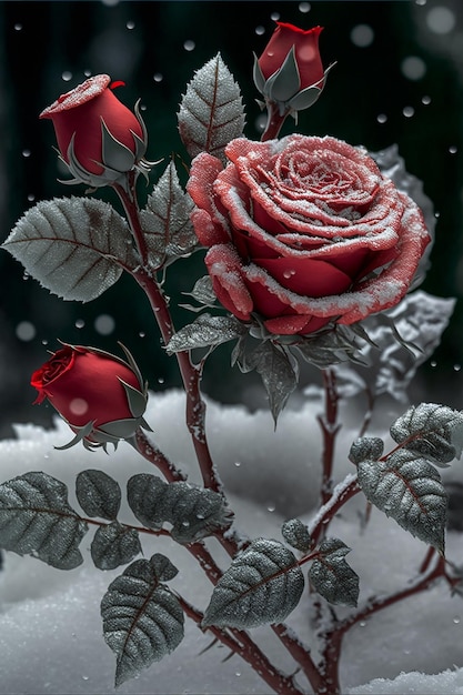 Rose rosse drappeggiate con gelo e neve Sfondo di San Valentino Creato con la tecnologia generativa AI