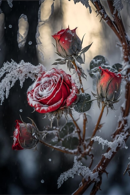 Rose rosse drappeggiate con gelo e neve Sfondo di San Valentino Creato con la tecnologia generativa AI