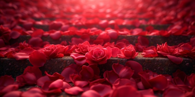 Rose rosse e petali su gradini a consistenza