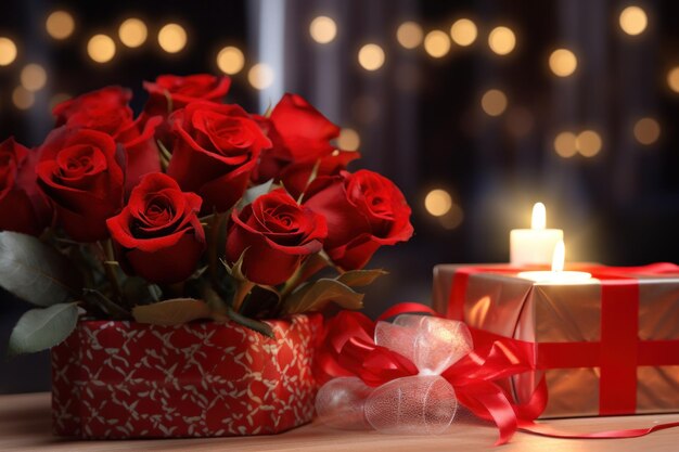 rose rosse e regali con luci per San Valentino