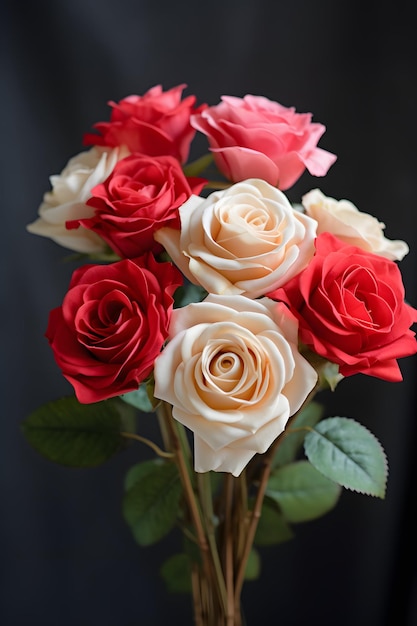 rose rosse e rosa in un bouquet di seta nello stile di rosa chiaro e bianco istantanea estetica saur