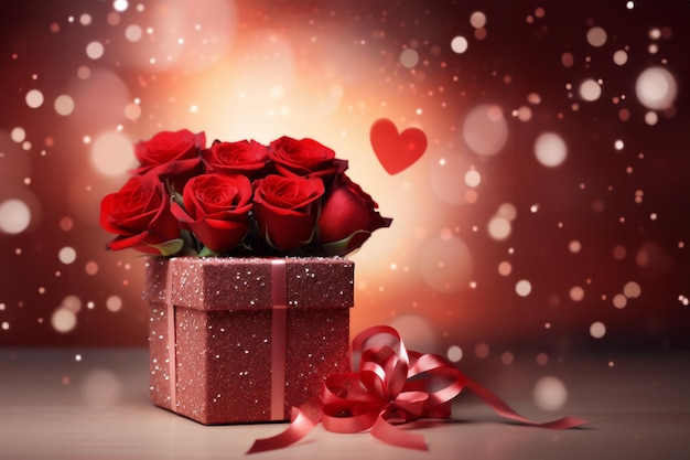 Rose rosse e scatola regalo su sfondo rosso concetto di San Valentino