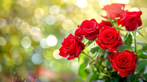 Rose rosse in fiore con uno sfondo magico bokeh