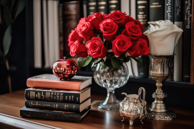 Rose rosse in un vaso su un tavolo circondato da libri e ornamenti creati con l'IA generativa