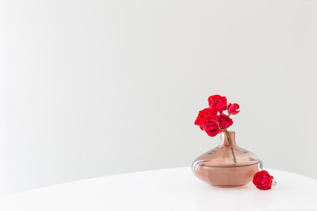 Rose rosse in vaso di vetro moderno in interno bianco