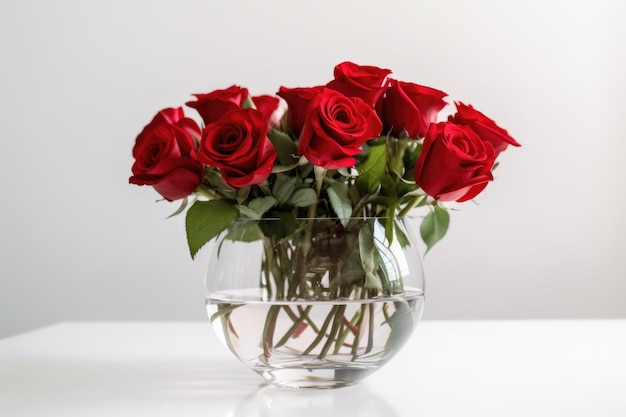 Rose rosse in vaso trasparente su sfondo bianco creato con intelligenza artificiale generativa