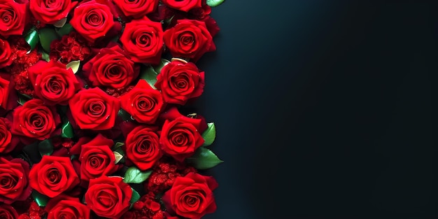 Rose rosse naturali su sfondo nero con spazio per il testo IA generativa