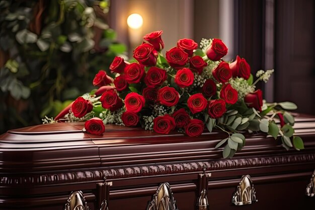 Rose rosse su una bara di legno alla casa funebre