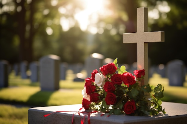 Rose rosse su una tomba in un cimitero durante il tramonto con spazio di copia
