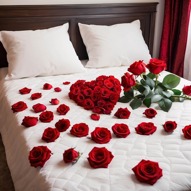 Rose rosse sul lenzuolo bianco con petali sparsi Sfondo romantico per la disposizione del letto