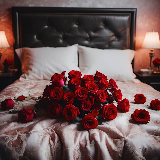 Rose rosse sul lenzuolo bianco con petali sparsi Sfondo romantico per la disposizione del letto