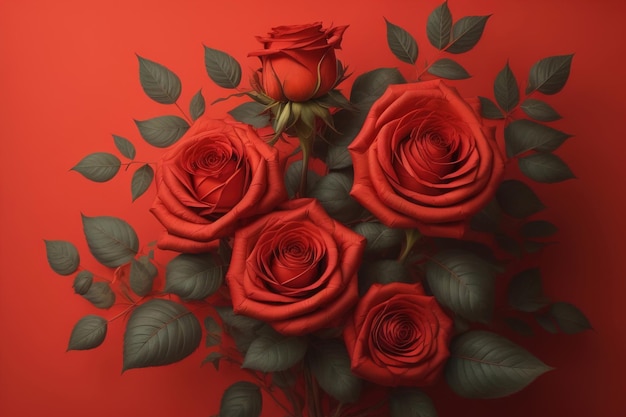 Rose rosse sullo sfondo Vista superiore di belle rose rosse con foglie verdi ai generative