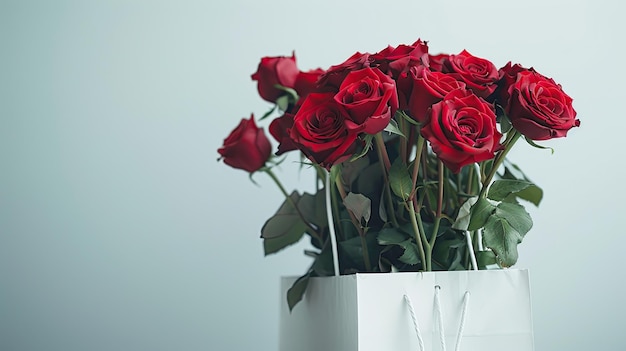 Rose su uno sfondo bianco in un pacchetto di consegna di fiori commercializzato con spazio per il testo