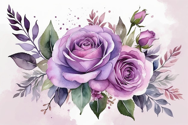 Rose viola acquerello arrangiamento floreale bouquet lussuoso fiore lilac elementi sfondo botanico
