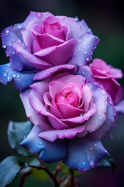 Rose viola e blu con gocce d'acqua su di esse generative ai