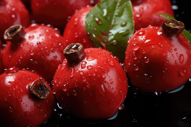 Rosehip fresco con gocce d'acqua su una superficie riflettente scura che trasuda vibrazione e freschezza