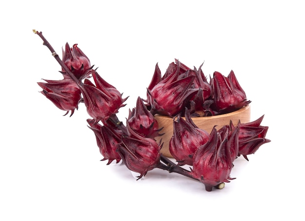 Roselle Hibiscus sabdariffa fiore di frutta rossa sulla superficie bianca.