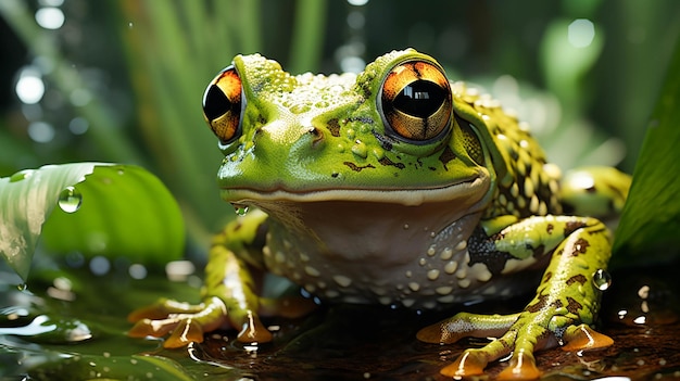 Rospo verde seduto su una foglia bagnata nello stagno della foresta pluviale tropicale