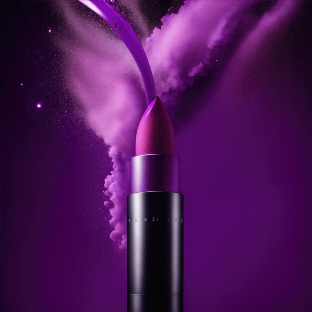 rossetto con una potente esplosione di polvere viola fotografia commerciale