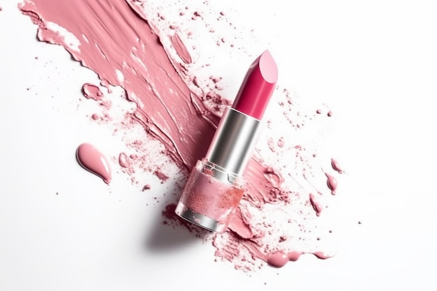 Rossetto e macchie di rossetto sbavate su sfondo bianco Illustrazione dell'IA generativa