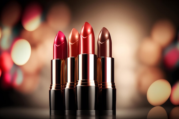 Rossetto luminoso di diversi colori sfumature di rossetto colorato per le labbra Strumento trucco professionale sfondo sfocato