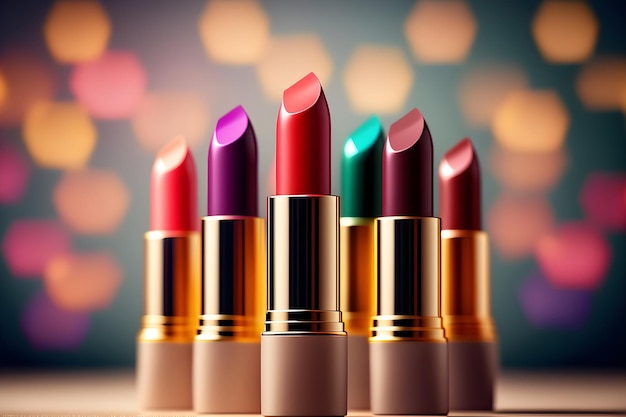 Rossetto luminoso di diversi colori sfumature di rossetto colorato per le labbra Strumento trucco professionale sfondo sfocato